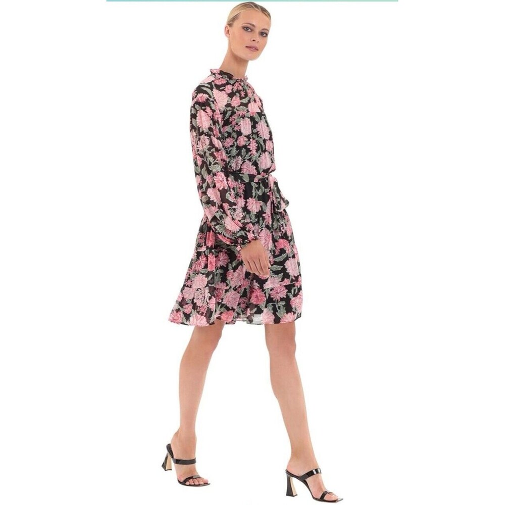 NWT Donna Morgan Floral Tier Dress Vela Black Pink Peony Ruffle Long Sleeve 8